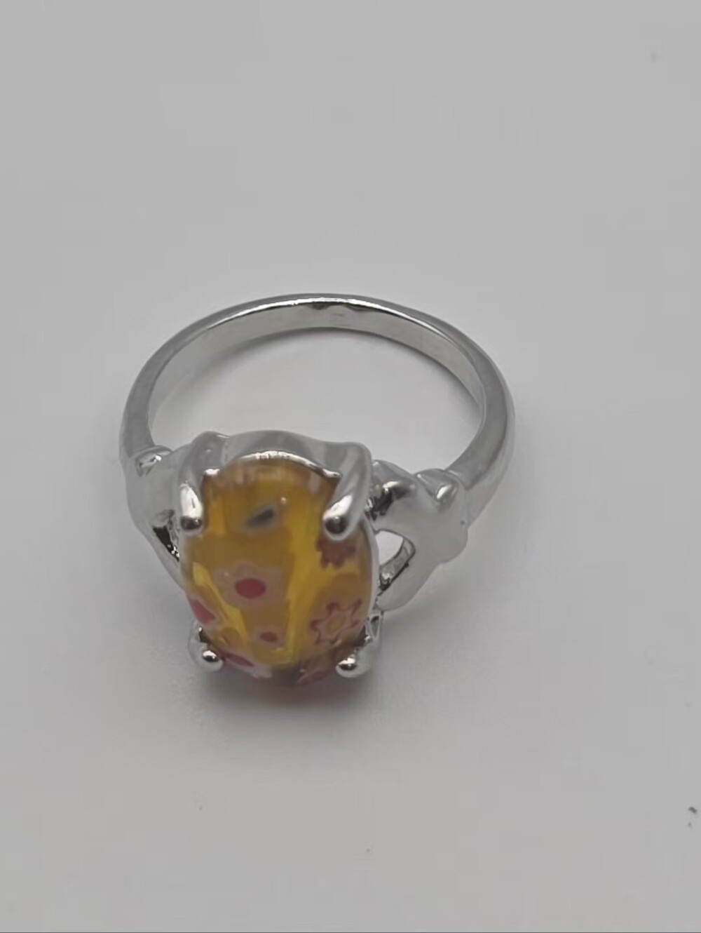 Yellow Millefiori Glass Ring with Silver Band Size 7